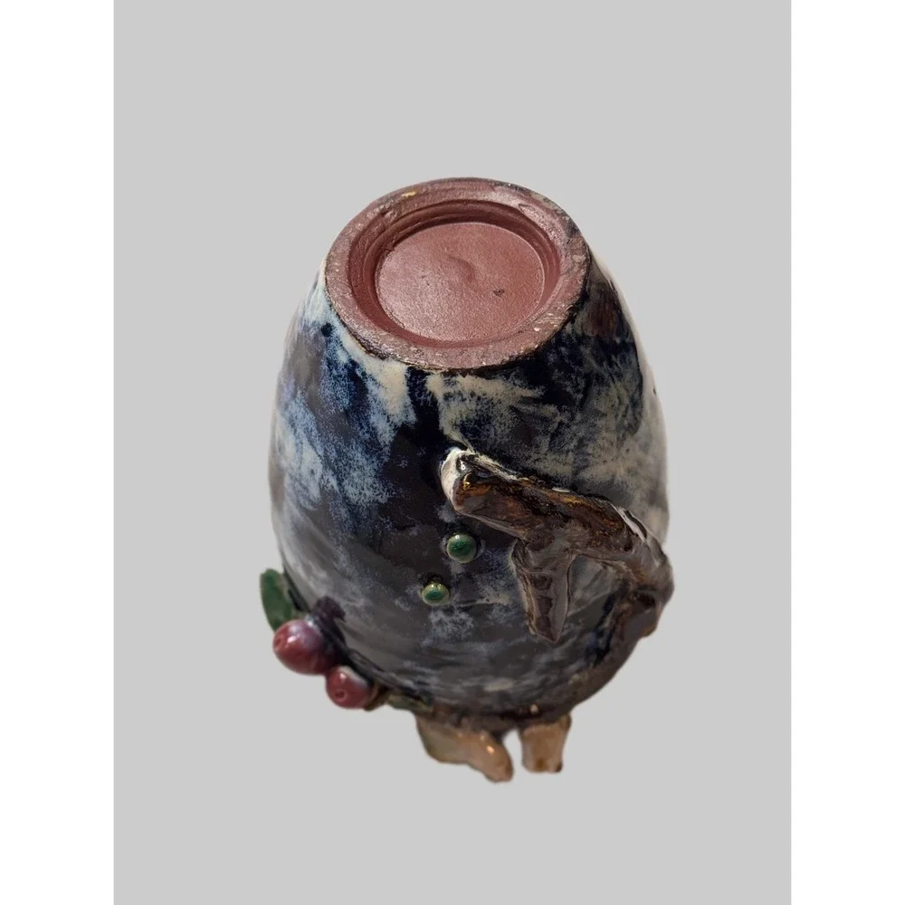 Handmade Vase Antique Reproduction Birds Berries Blue Brown Glazed Ceramic Decor